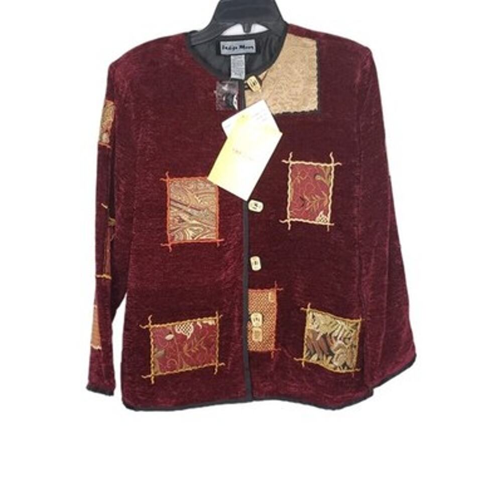 Indigo Moon Patchwork Chenille Jacket PXS Burgundy Red Tan Tapestry Art To Wear